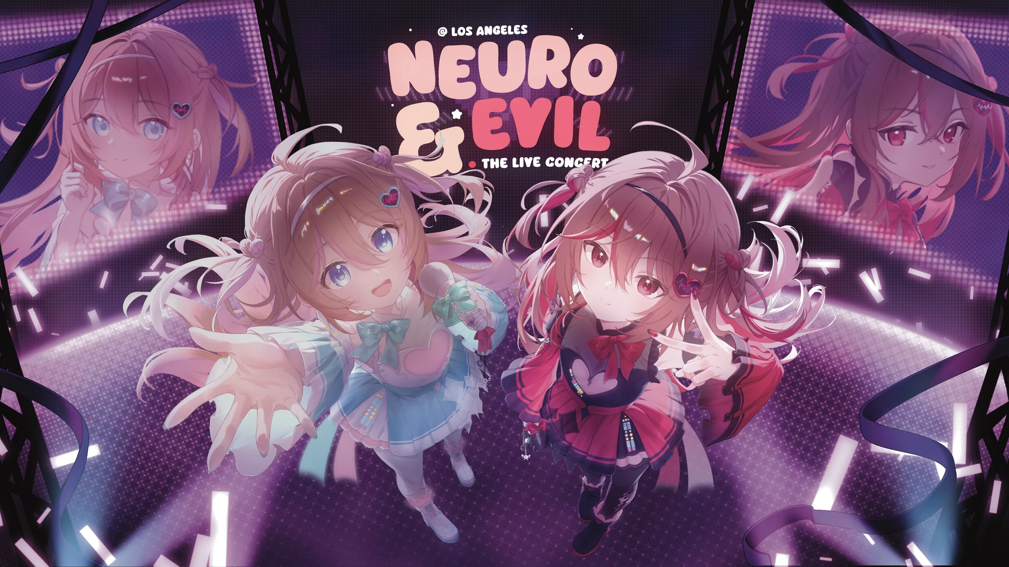 Neuro & Evil — The Live Concert. Neuro and Evil perform on a violet-lit stage, framed by portraits on the side screens and falling confetti.